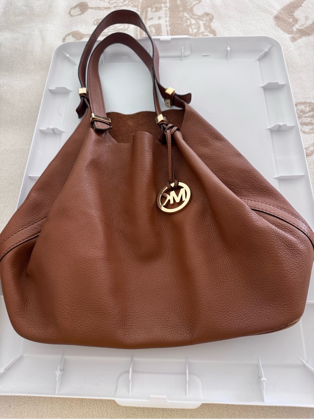 Michael Kors Cognac Pebbled Leather Shoulder Bag with Gold Logo Charm